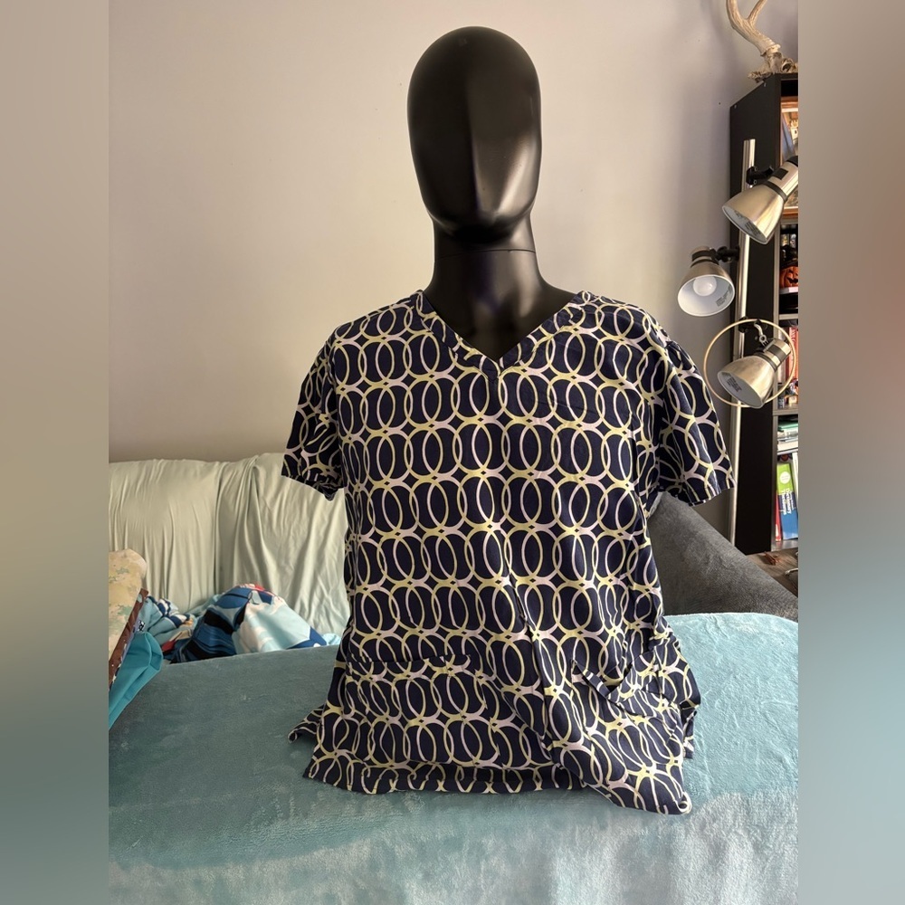 Navy and White Patterned Women's Scrub Top